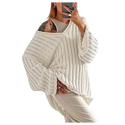 MISSACTIVER Women’s Oversized Long Sleeve Sweater Sexy V Neck Off Shoulder Knit Solid Drop Shoulder Shirt Pullover Sweaters(Large,Beige)