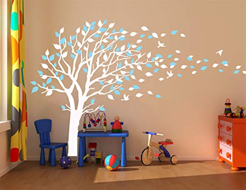 Luckkyy Tree Blowing In The Wind Tree Wall Decals Wall Sticker Vinyl Art Kids Rooms Teen Girls Boys Wallpaper Murals Sticker Wall Stickers Nursery Decor Nursery Decals (White+Blue) #TOP3