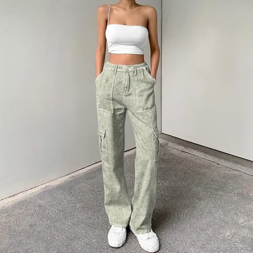Image of Lepunuo Cargo Pants for Women High Waisted Casual Pants Baggy Stretchy Wide Leg Y2K Streetwear with 6 Pockets