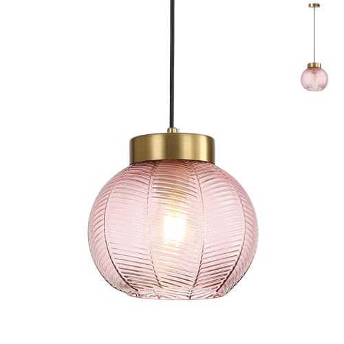 LFsem Modern Lovely Pendant Light with 20cm Pink Spherical Glass Shade & Gold Top,Vintage E27 Loft Bar Ceiling Hanging Lamp for Dining Room Living Room Bedroom