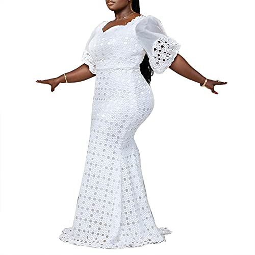 Cololura Elegant Plus Size Lantern Sleeve Hollow Bodycon Formal Gown Maxi Dress