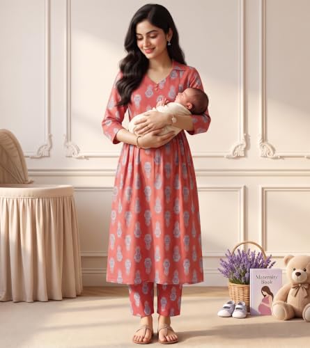Image of DUMMY SHAPE Maternity Dresses for Women Cotton | Floral Kurta Pant Dupatta Set with Nursing Zippers, Side Pocket | Pre & Post Pregnancy | Feeding Kurti Suit | Baby Shower | Gifts for Pregnant Woman