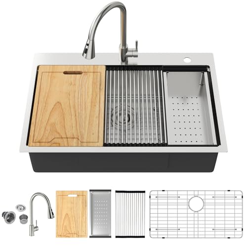 Image of Kichae 33 Drop In Kitchen Sink with Faucet- Stainless Steel Sinks 33 x 22 Workstation Sink Topmount Overmount Single Bowl Handmade Basin All Accessories Included