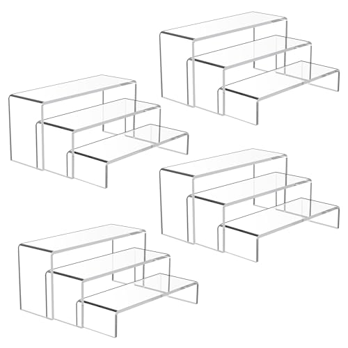 Goabroa 12 Pcs Clear Acrylic Display Shelves Riser, 3 Tiers 4mm Thick Transparent Display Stand - Ideal for Retail and Collectibles Stand, Party Cake Dessert Holder, Floating Visual