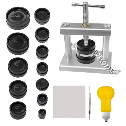 MFUSUL Kit de presse de montre avec 12 pièces moulées, outil d'horloger pour changement de batterie et fermoir de boîtier, kit d'outils d'horlogerie pour...