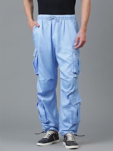 Image of KOTTY Men's Solid Mid Rise Utility Pocket Button Willow Blue Regular Cargo