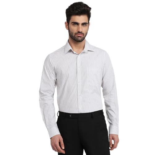 Image of Raymond Men Slim Fit Stripe Pattern Pure Cotton Semi Cutaway Collar Full Sleeve Formal Shirt
