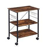 Kitchen Microwave Cart 3-Tier Bakers Rack Kitchen Utility Cart with Wheels, Coffee Cart with Storage, Microwave Stand with 10 Hooks for Kitchen, Living Room, Rustic Brown