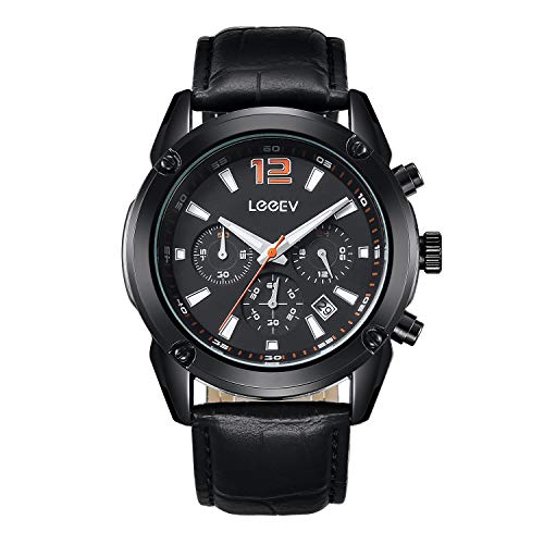 LeeEv Mens Sport Leather Watch Military Chronograph Luminous Analog Quartz Multifunction Wrist Watch for Gifts (T_Black) LeeEv Mens Sport Leather Watch Military Chronograph Luminous Analog Quartz Multifunction Wrist Watch for Gifts (T_Black)