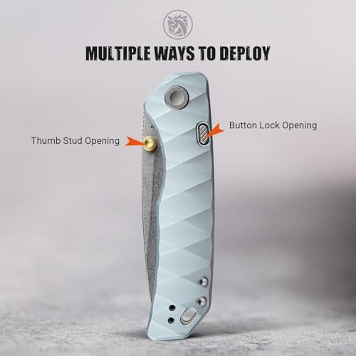 Image of Vosteed Marten EDC Folding Pocket Knife - 3.30 inch 154CM Stonewash Blade - Top Liner Lock, Light Blue Aluminum Handle - Hunting, Hiking Knives - A1614