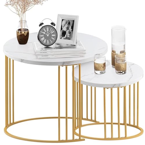 YORKING Nesting Coffee Table Set of 2, Round Table, Morden End Side Table Night Stand for Bedroom Dining Room (Marble White)