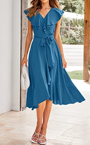 Image of PRETTYGARDEN Women's 2023 Summer Wrap Maxi Dress Casual Boho Deep V Neck Short Sleeve Ruffle Hem Split Beach Long Dresses, Grey Blue, M