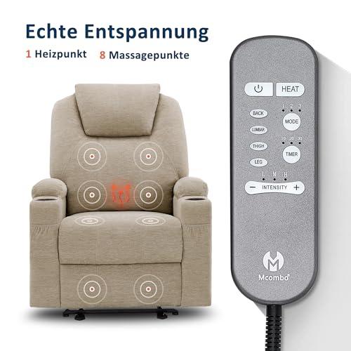 M MCombo Elektrisch Relaxsessel Massagesessel Fernsehsessel Liegefunktion Vibration Heizung 7061 neues Modell (Beige-Stoff) – Bild 6