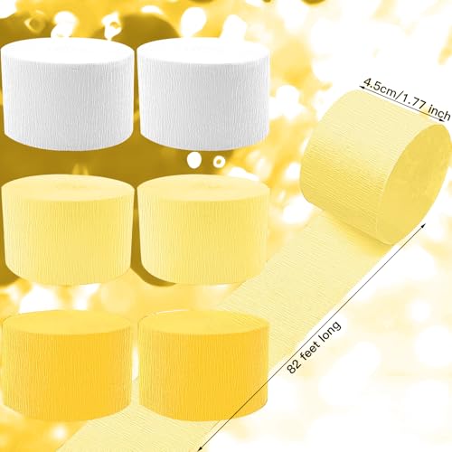 Image of PheiLa Crepe Paper Streamers 6 Rolls 492ft, Yellow Crepe Paper Decorations for Birthday Wedding Baby Shower Bride Sunflower Theme Party Decor, 1.77 Inch x 82 Ft /Roll