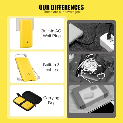Q 10000mAh Power Bank, Slim Portable Charger,4 Output External Battery Pack with Built-in AC Wall Plug Micro USB C 3 Cables Compatible with iPhone Samsung Android Phone Tablet and More - Image 6