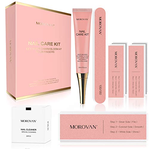 Morovan Nail Care Kit Cuticle Oil Cream Professional Nail Strengthening Nail File Nail Buffer Block with Replacement Pads 2 packs and free Cleaning Pads 1 packs for Healthy Nails Travel Nail Kit