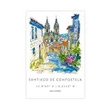 QOGDAF Póster en lienzo de Santiago de Compostela en acuarela de España, decoración de dormitorio, paisaje, oficina, habitación, regalo, 12 x 18 pulgadas (30 x 45 cm)