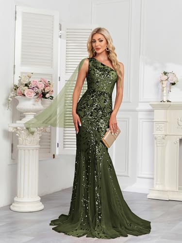 One Shoulder Glitter Mermaid Dress for Mother of The Bride Women's Sexy Sequin Formal Gown4