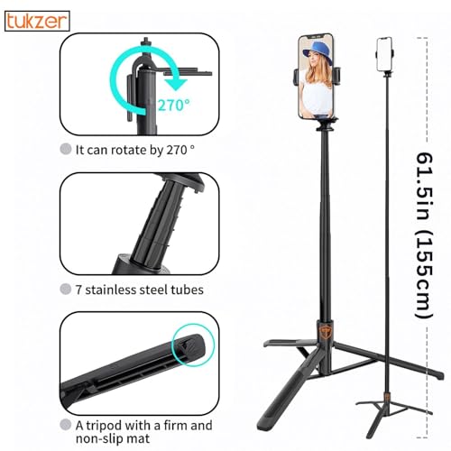 Image of Tukzer Long Multifunctional Selfie Stick with Tripod Stand & Bluetooth Wireless remote Aluminum 61 inch For Iphone, Samsung & all Mobile Phones, Vlogging, Live Stream,1 /4 inch Screw for DSLR Camera,Ring Light