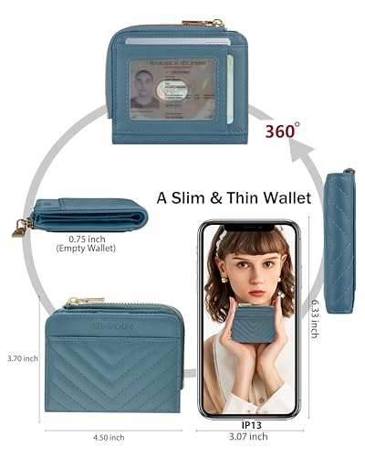 Image of Small Bifold Wallets Woman RFID Mini Wallet for Women Slim Card Holder with Zipper Coin Pocket & 2 ID Windows(Lake Blue)