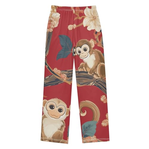 ZZXXB Monkey Peony Flower Boys Long Pants Soft Trousers Elastic Waist Kids Lounge Bottoms with Pockets S-XL
