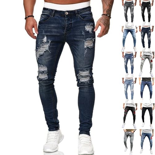 eoeioa Slim Fit Ripped Jeans Men Gothic Zipper Button Elastic Waist Skinny Jeans Casual Stretch Denim Pants with Pockets