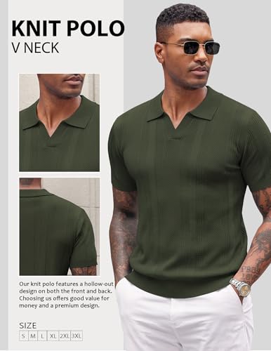 Image of COOFANDY Mens Knit Polo Shirts V Neck Textured Polo Shirts Short Sleeve Breathable Polo Casual Collared T Shirt Fashion Tops