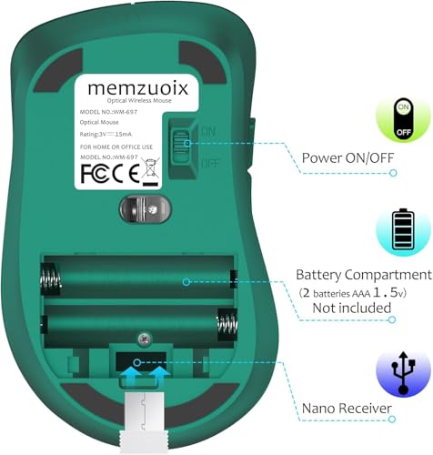 Image of memzuoix 2.4G Wireless Mouse, 1400 DPI Computer Mice USB Receiver, Portable Wireless USB Mouse Battery Powered Cordless Mouse for Laptop, PC, Desktop, 5 Buttons (Dark Green)