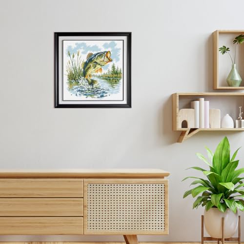 Image of FREEBLOSS 11CT Cross Stitch Kit Stamped Cross Stitch Craft Kit with Stitching Guide for Beginners Fishing Lake Scene Embroidery Set Crossstitch Wall Hanging Set 17x17inch