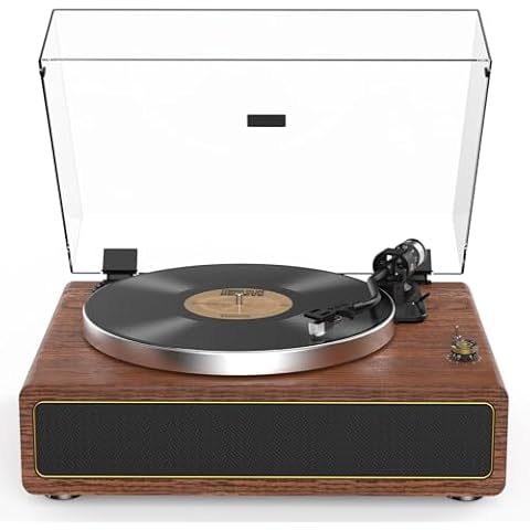 All-in-one Record Player Turntable with Built-in Speakers Vinyl Record Player Support Wireless Playback Auto Stop 33&45 RPM Speed RCA Line Out AUX in Belt-Drive Turntable for Vinyl Records Brown Cover