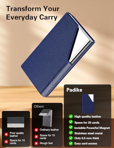 Image of Padike Business Card Holder, Upgraded Leather Business Card Case Pocket Card Holders for Men or Women, Metal Slim Name Card Holder RFID Blocking Business Card Carrier with Magnetic Closure(Blue)