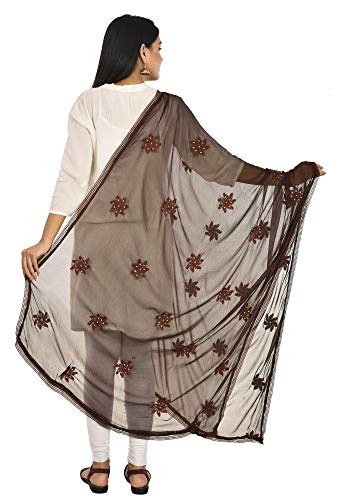 Image of YOUTHQUAKE Flower Embroidered Diamond Work Chiffon Dupatta for Womens & Girls With 4 Side Lace