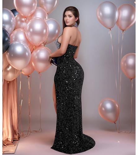 Image of Jigfar Women Sexy Elegant Rhinestone Mesh See Through Party Club Night Split Bodycon Formal Maxi Dress