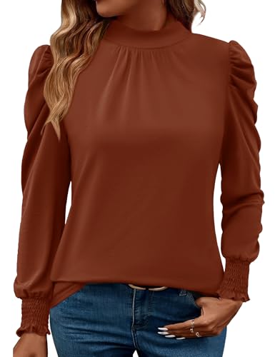Image of LUYAA Puff Long Sleeve Shirts for Women Tops Dressy Casual Frill Mock Neck Smocked Cuffs Blouses