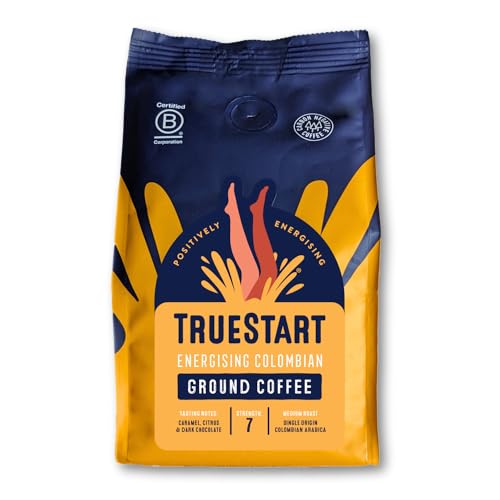 TrueStart Ground Coffee 200g, Smooth Energising Colombian - Ground Coffee for Cafetiere, V60 & Aeropress, Mycotoxin-Free, Rich in Antioxidants, Freshly Hand Roasted Speciality Grade, Medium Roast
