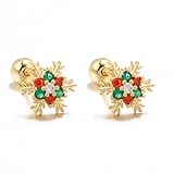 Snowflake Christmas Cartilage Small Stud Earring Crystal Red Green Tiny Mini Dainty Screw Back Earrings Helix Tragus Barbell 18G Fashion Body Piercing Jewelry for Women New Year Holiday Gifts (Gold-Tone)