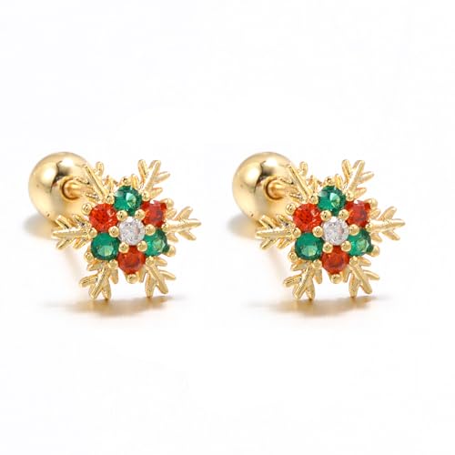Snowflake Christmas Cartilage Small Stud Earring Crystal Red Green Tiny Mini Dainty Screw Back Earrings Helix Tragus Barbell 18G Fashion Body Piercing Jewelry for Women New Year Holiday Gifts (Gold-Tone)