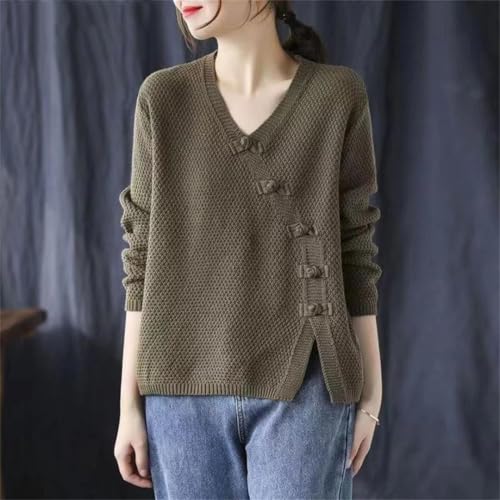 Women Vintage Buttons V-Neck Sweater Ladies Loose Knitting Pullover Top All-Match Jumper Outwear3