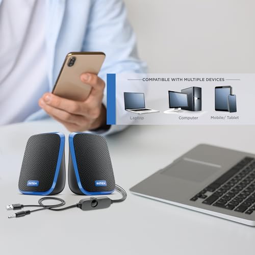Image of Intex IT-120 2.0 Channel Desktop Speaker with 10W Powerful Sound, USB Powered, 3.5mm Jack, in-Line Volume Control, Loud & Compact Design, Portable for Laptop, Computer, Mobile - Blue