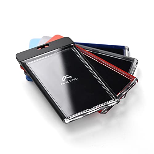 Phomo Aluminum Id Badge Holder/Wallet With Metal Clip And Badge Lanyard, Heavy Duty Vertical Transparent Hard Acrylic Id Card Holder. (Holds 1To 3 Cards) (Black, 5-Pcs) #TOP4