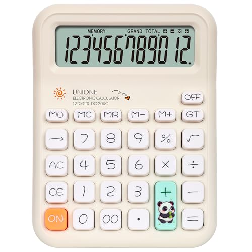 UNIONE Panda Calculator with a Bright LCD, Dual Power Handheld Desktop. Color. Business, Office, High School… (Beige)