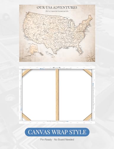 Image of IPIC - Vintage Push Pin USA Map Canvas Wall Art, Oversized Travel Map Print Wall Decor for Home, Study, Office or RV, Push Pin Board Decor for Travel Lovers, Ready to Hang