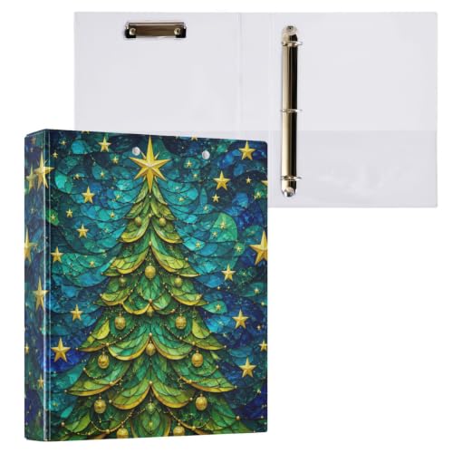 Image of 3 Ring Binder Christmas Tree Stars Waves 1.5 inch Binders Three Ring Binders with Clipboard Fit 8.5'' x 11'' Paper 3 Interior PVC Clear Pockets for Office Supplies
