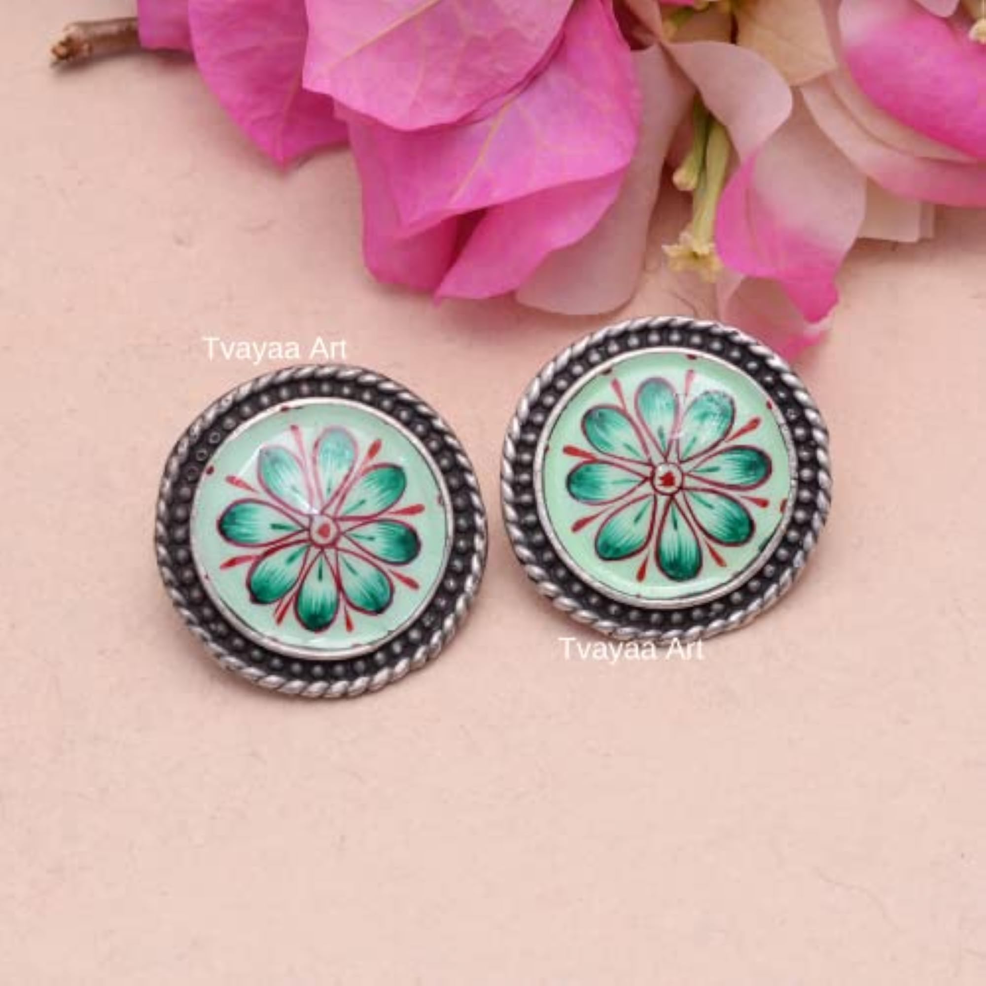 Women's Oxidized Silver Floral Enamel Earrings