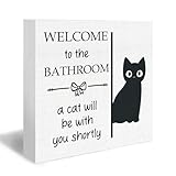 DUXMNAMG Funny Cat Bathroom Wood Box Sign - Funny Bathrooms Desk Shelf Decor, Cats Gifts, Welcome to The Bathroom a Cat Will Be with You Shortly Wooden Block Plaque Box Sign for Home Table Decor