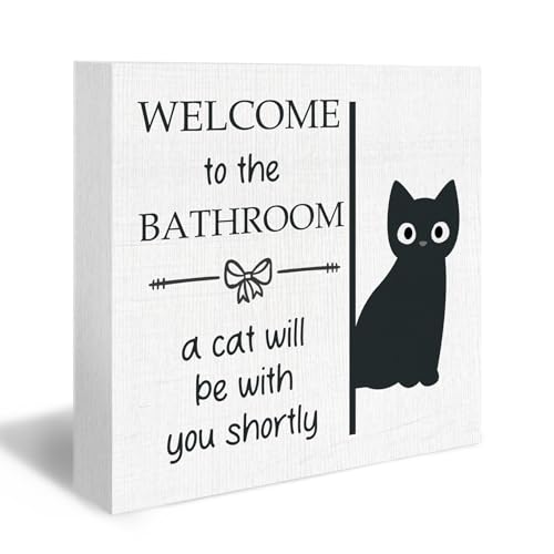 DUXMNAMG Funny Cat Bathroom Wood Box Sign - Funny Bathrooms Desk Shelf Decor, Cats Gifts, Welcome to The Bathroom a Cat Will Be with You Shortly Wooden Block Plaque Box Sign for Home Table Decor