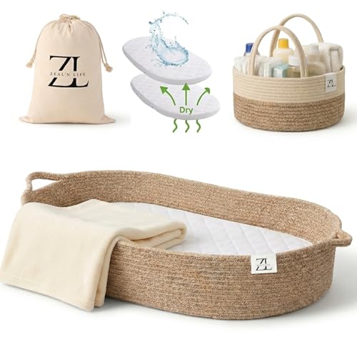 Image of ZEAL'N LIFE Luxury 5-in-1 Baby Changing Basket Set – Portable Moses Basket with Waterproof Changing Pad, Diaper Caddy, Cozy Blanket & Tote Bag, Gift for Expecting Moms & Newborn Babies