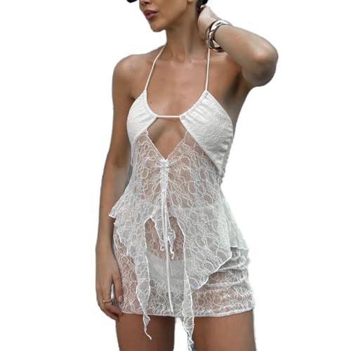Womens Lace Skirt Outfits Hollow Out Halter Top Mini Skirts with Briefs Beach Vacation Skirt Sets