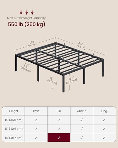 Image of VASAGLE Full Metal Bed Frame 18 Inches Tall, 1100 lb Weight Capacity, No Box Spring Needed, with Under-Bed Storage, Easy Setup, Heavy-Duty Platform Bed, Mattress Retainers, Matte Black URMB672BD02S
