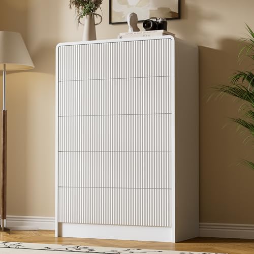 Image of Furniway 3 Piece Bedroom Dresser Set, 5 Drawer Dresser with 2 Nightstands, Fluted Chest of Drawers with Pop-Up Design, Modern Storage Furniture for Bedroom, Living Room, Entryway, White